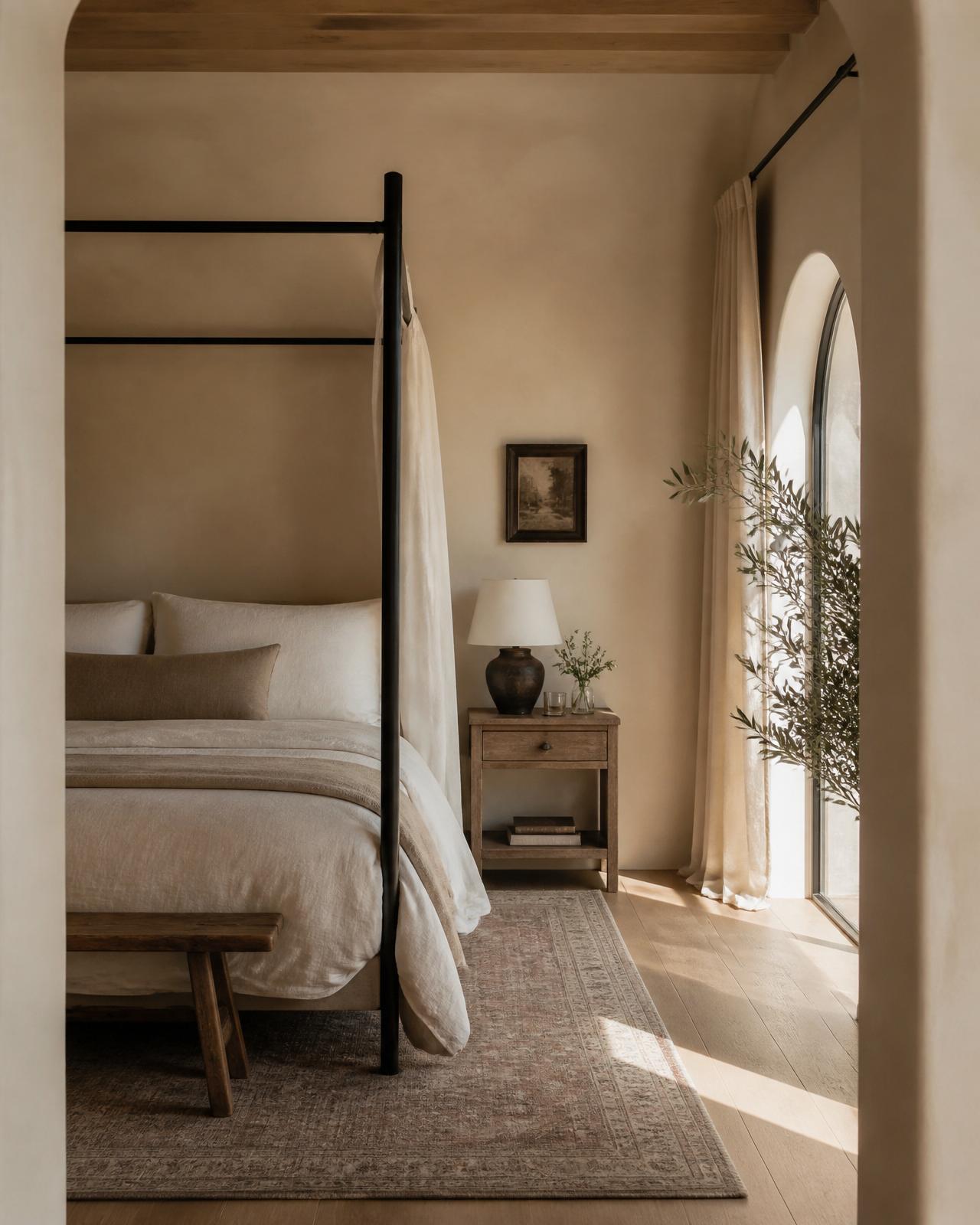 A serene bedroom with linen four poster bed
