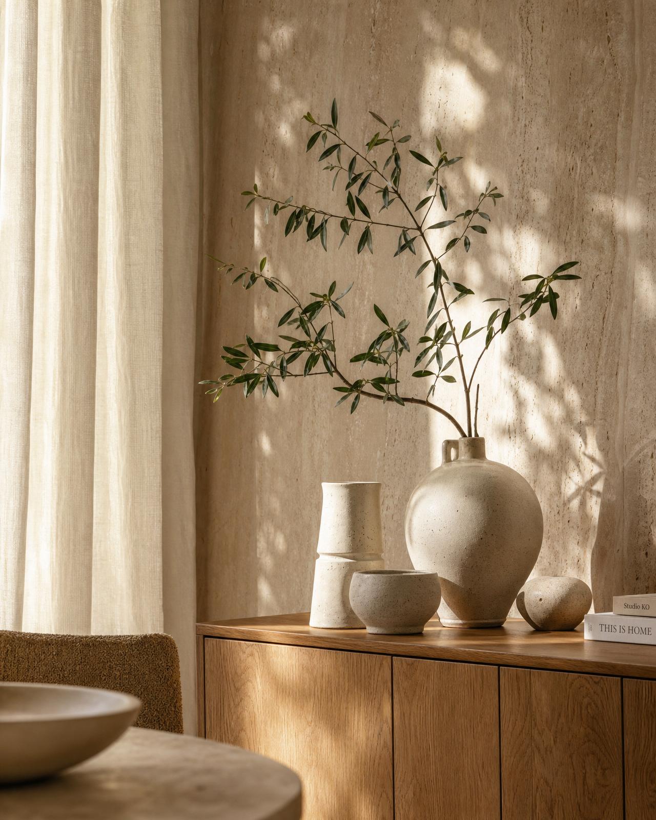 A sunlit vignette of handcrafted ceramics and linen against travertine
