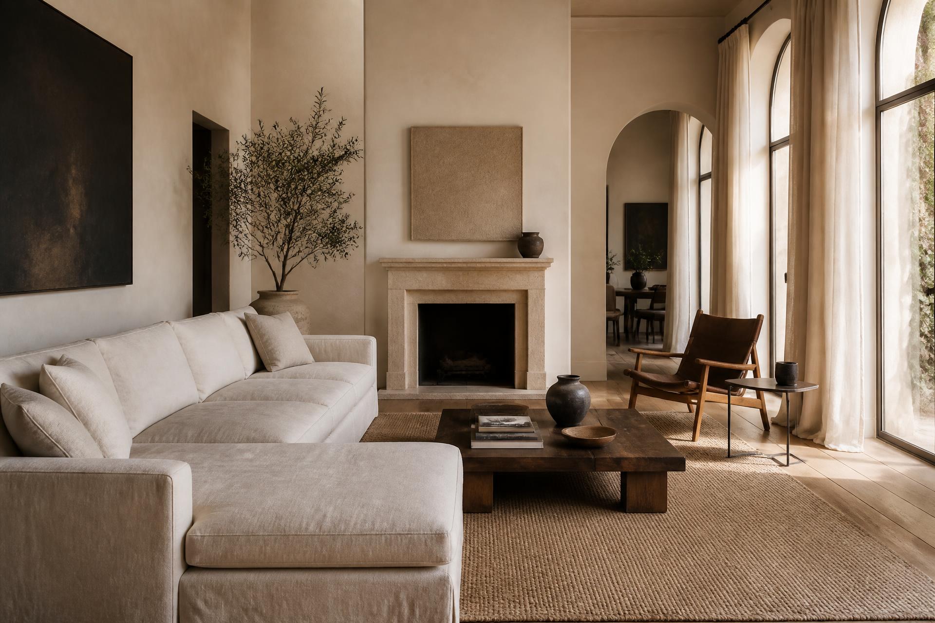 A sunlit Mediterranean living room with travertine fireplace and linen sofa